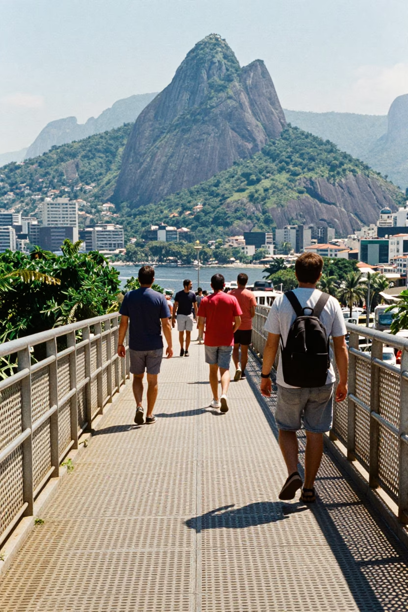Sunlit Pedestrian Overpass in Rio de Janeiro with Perforated Metal Walkway in in Rio de Janeiro, Brazil