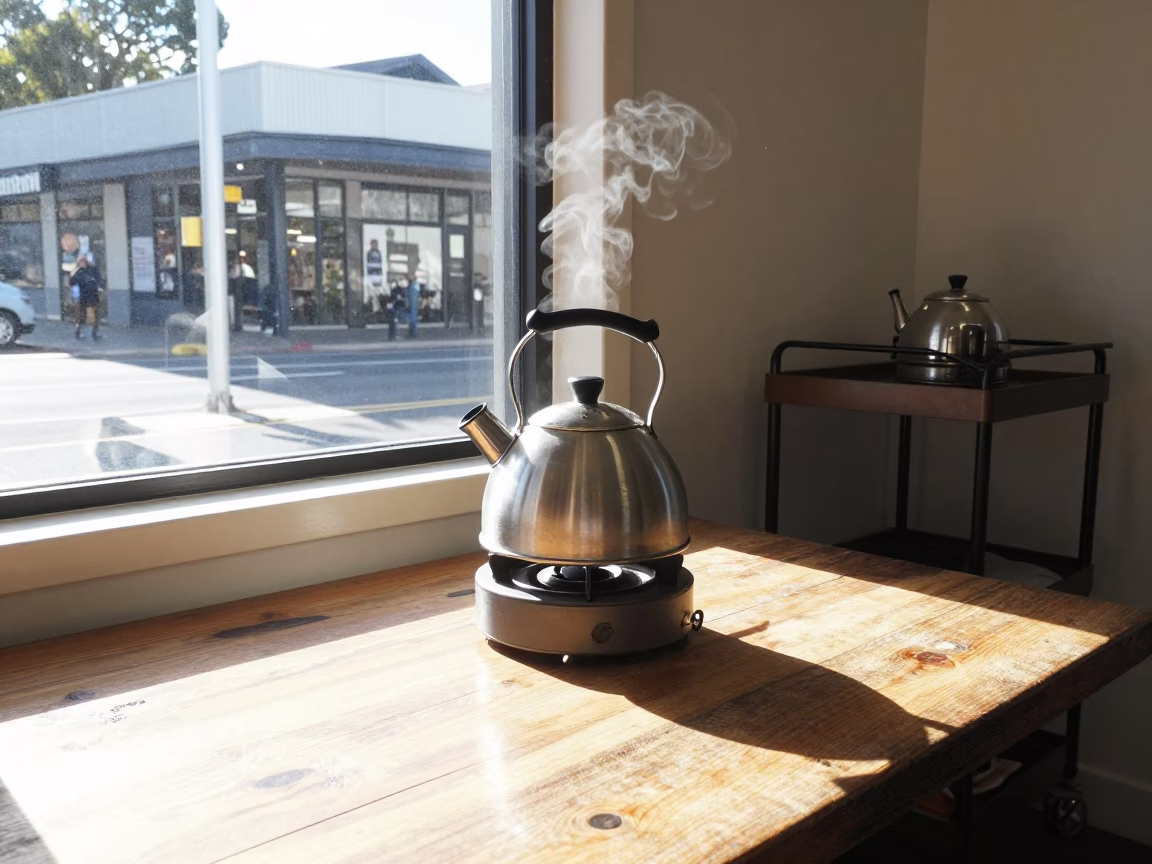 Sunlit Perth Café Interior with Kettle and Rolling Cart in in Perth, Western Australia, Australia