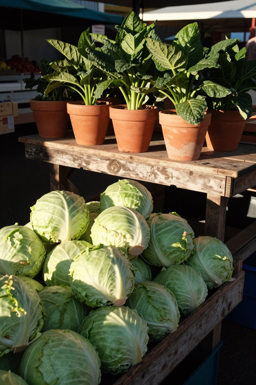 Sunlit Perth Market Stall with Fresh Cabbages and Plant Pots in in Perth, Western Australia, Australia