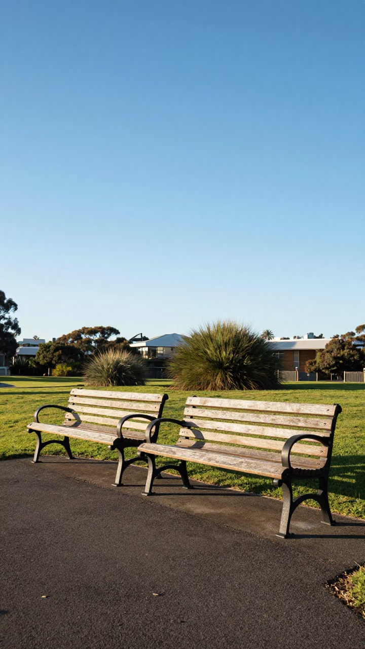 Sunlit Perth Park Garden Benches Under Clear Afternoon Sky in in Perth, Western Australia, Australia