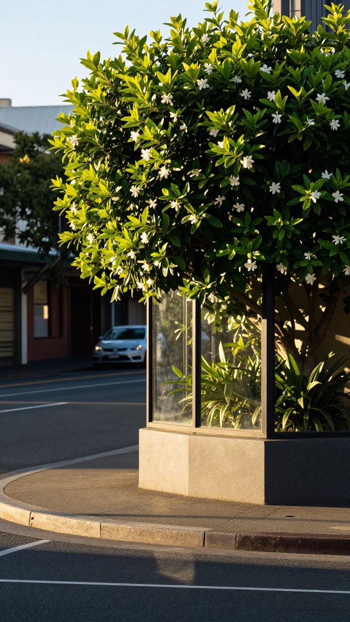 Sunlit Perth Street Corner with Gardenia Bush and Glass Tumbler After Sunrise in in Perth, Western Australia, Australia