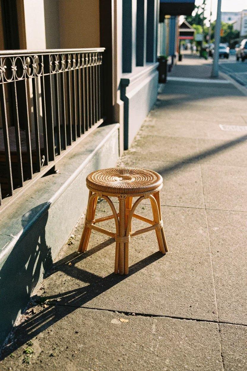 Sunlit Perth Street Scene with Vintage 1950s Rattan Stool and Tea Set in in Perth, Western Australia, Australia
