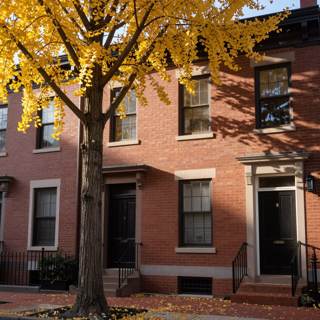Sunlit Philadelphia Row Home Exterior with Ginkgo Tree and Morning Light in in Philadelphia, Pennsylvania, United States