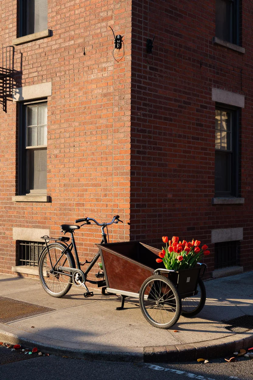 Sunlit Philadelphia Street Corner with Cargo Bicycle and Morning Light in in Philadelphia, Pennsylvania, United States