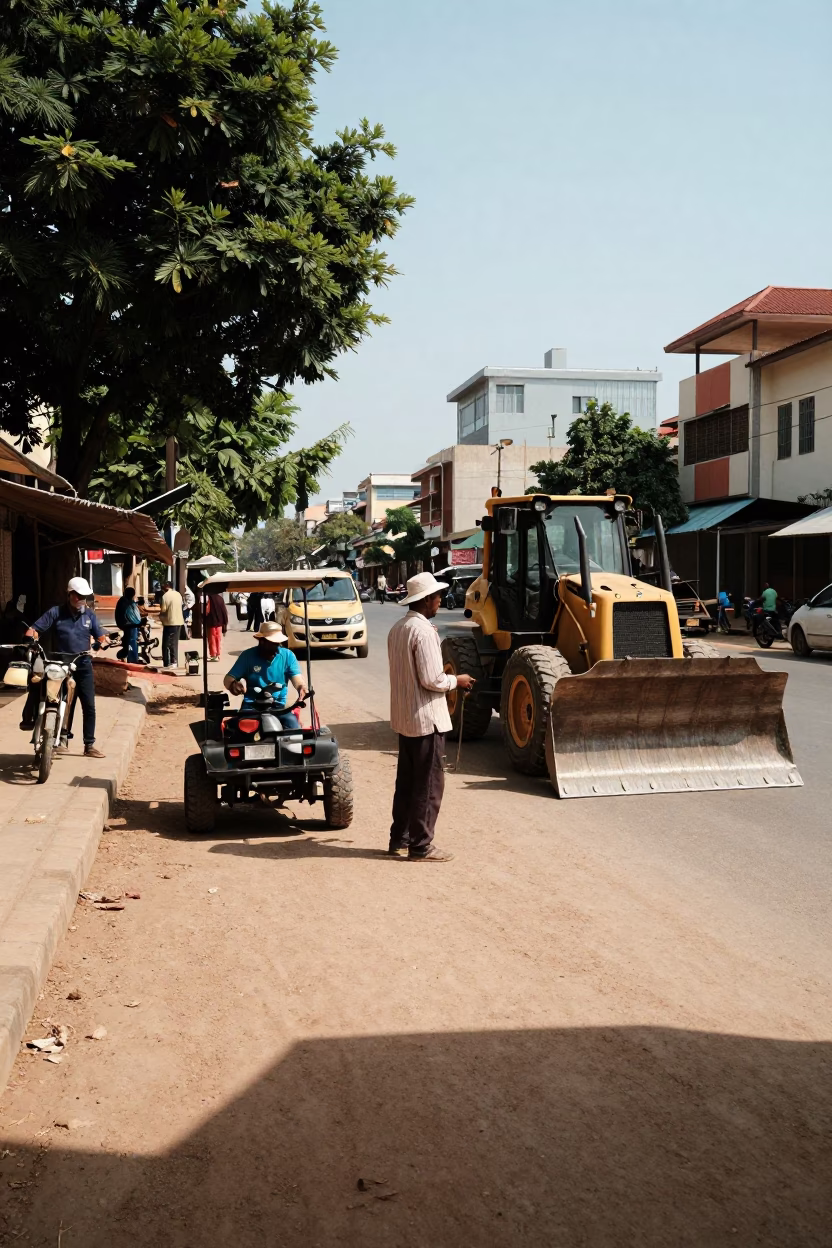 Sunlit Phnom Penh Street Scene with Local Vendor and Construction Activity in in Phnom Penh, Cambodia