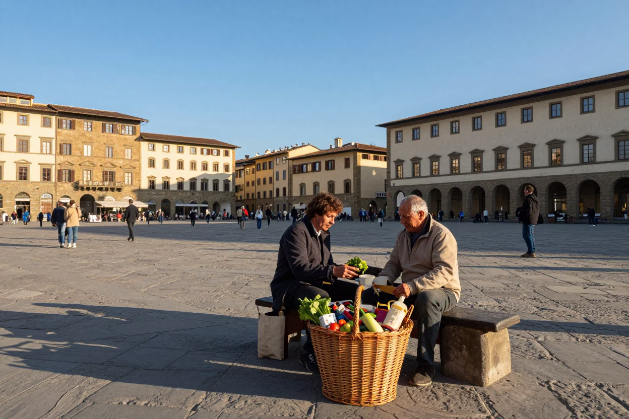 Sunlit Piazza in Florence Italy with Wicker Basket and Vintage Street Scene in in Florence, Italy
