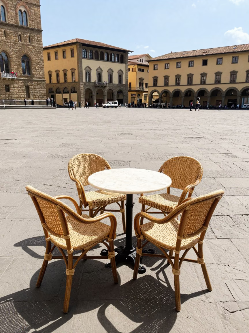 Sunlit Piazza Scene with Woven Cane Chairs and Local Diners in Florence Italy in in Florence, Italy