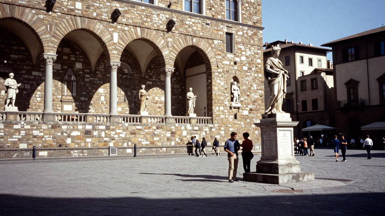 Sunlit Piazza Signoria with Stone Statues and Tourists in Florence Italy Noon in in Florence, Italy
