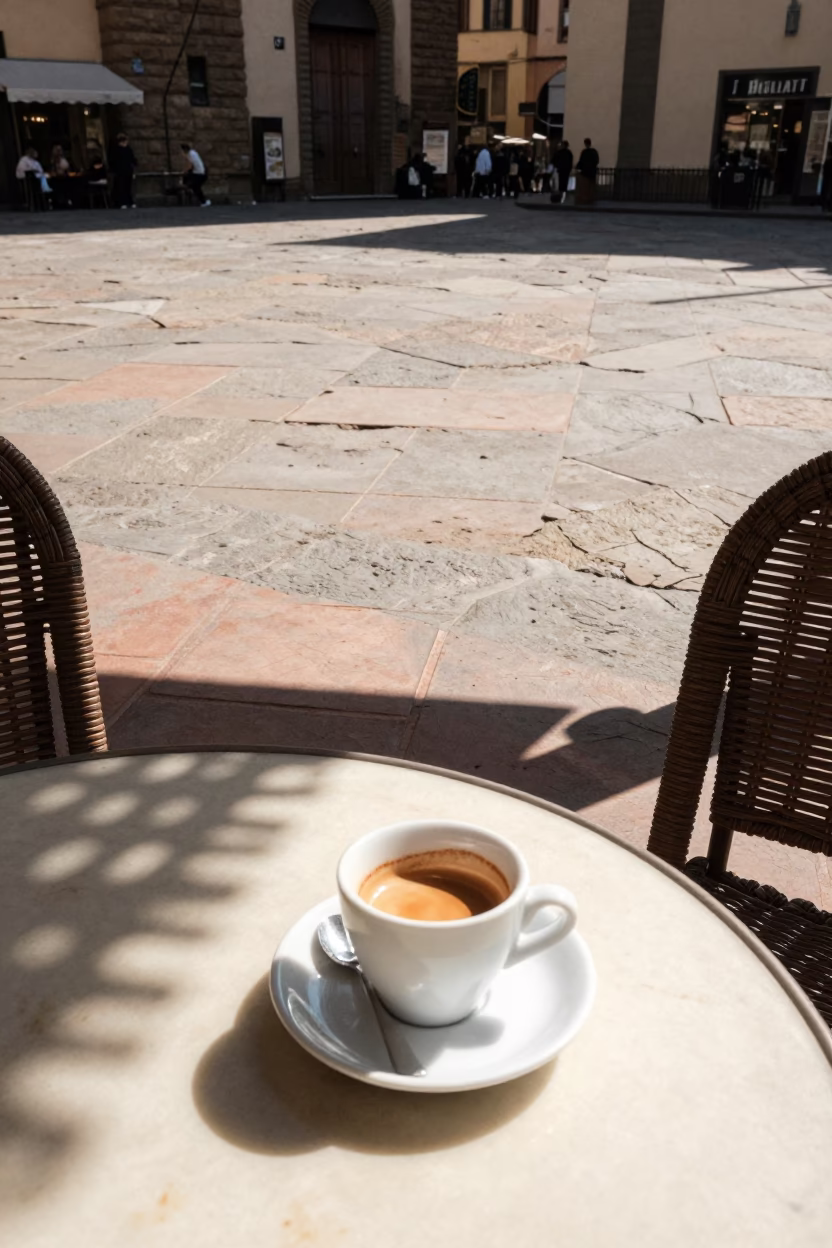 Sunlit Piazza Terrace in Florence Italy Midday Espresso and Wicker Shadows in in Florence, Italy