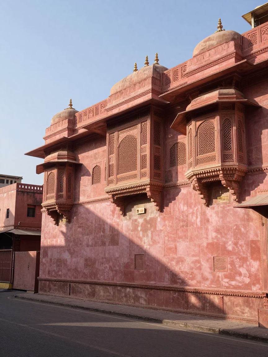 Sunlit Pink Stone Architecture and Street Life in Jaipur India Late Morning in in Jaipur, India