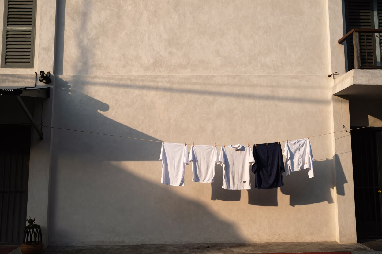Sunlit Plaster Wall and Laundry in Phuket Thailand Morning Street Scene in in Phuket, Thailand