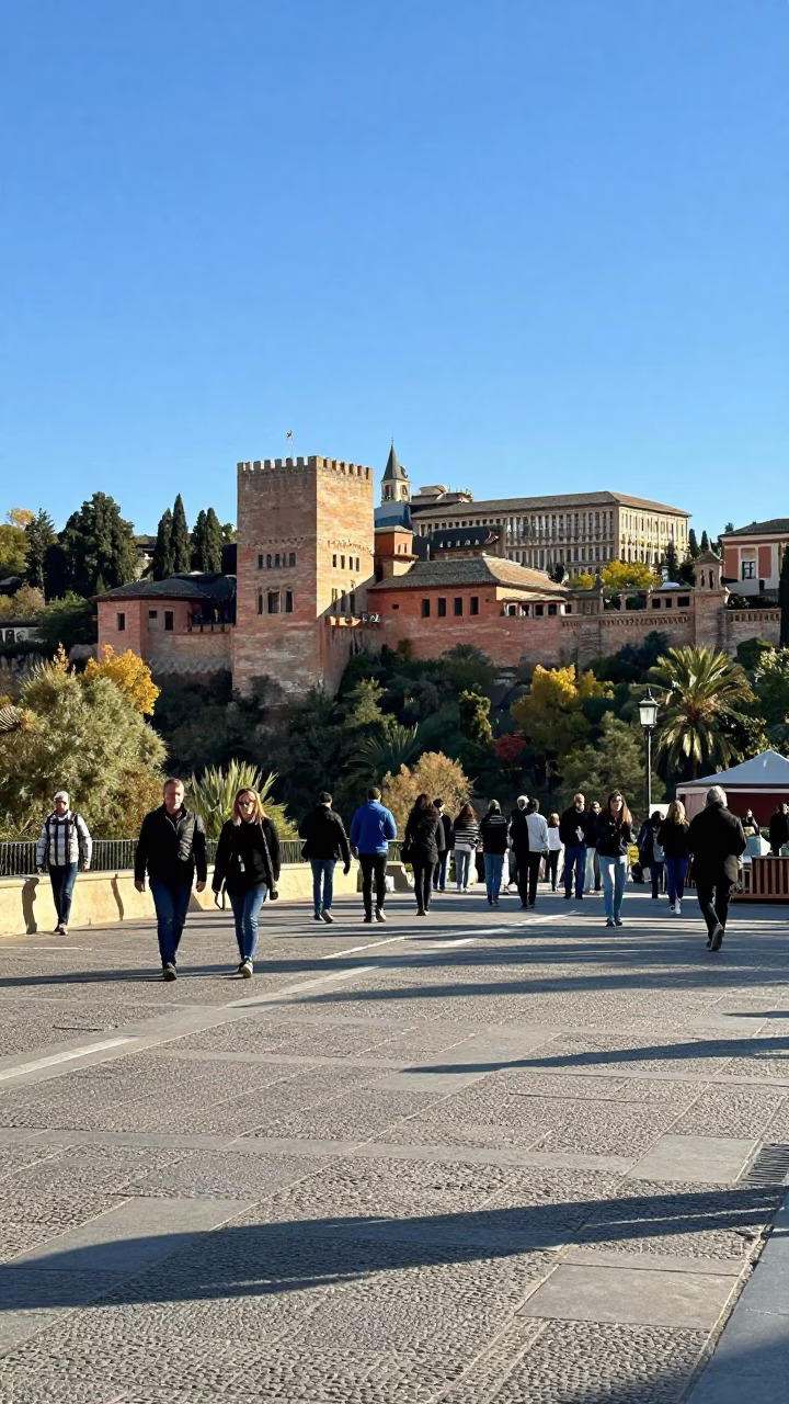 Sunlit Plaza de Bib Rambla with Alhambra Views and Local Street Life in in Granada, Spain