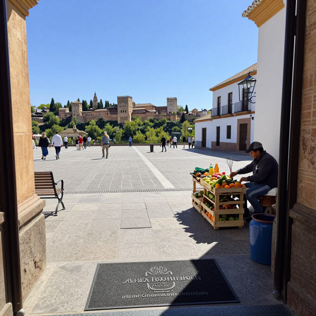 Sunlit Plaza de Bibarrambla with Doormat and Whisk in Granada Midday in in Granada, Spain