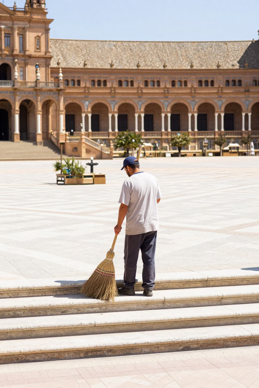 Sunlit Plaza de España Seville Spain Noon Broom Cleaning White Tile Steps in in Seville, Spain