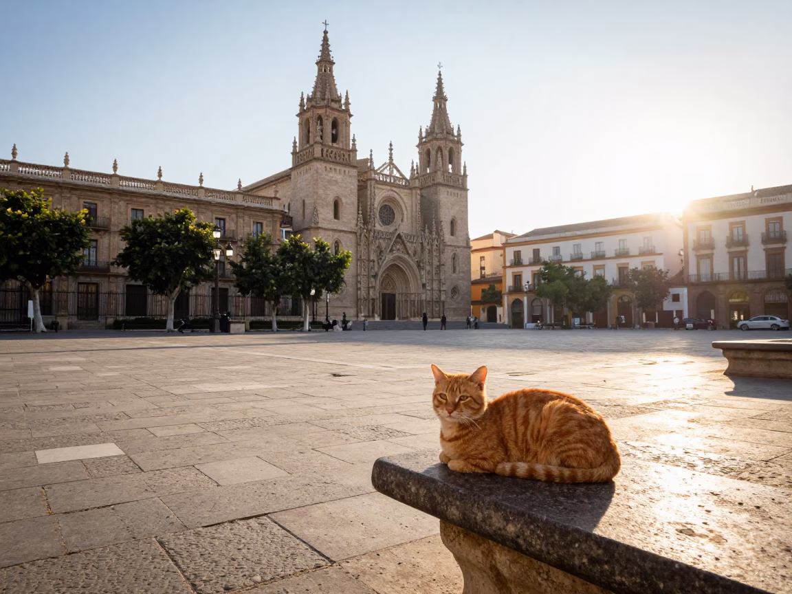 Sunlit Plaza de la Virgen with Orange Cat and Cracked Stucco Walls in in Valencia, Spain