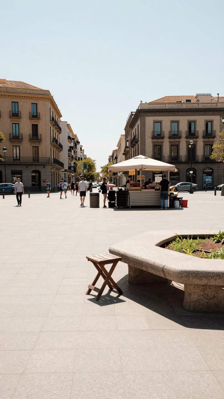 Sunlit Plaza in Barcelona Spain with Stone Bench and Street Vendor Stall in in Barcelona, Spain