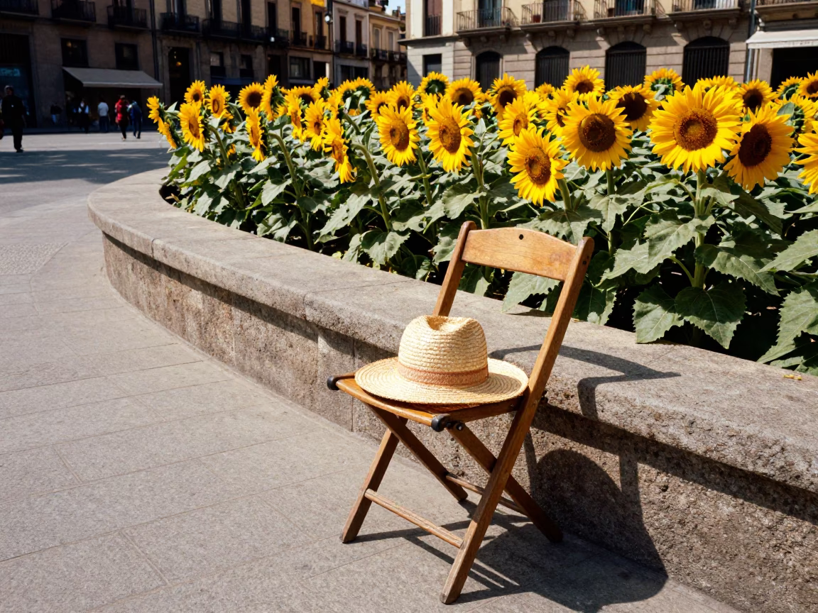 Sunlit Plaza in Barcelona With Sunflowers and Straw Hat on Folding Chair in in Barcelona, Spain