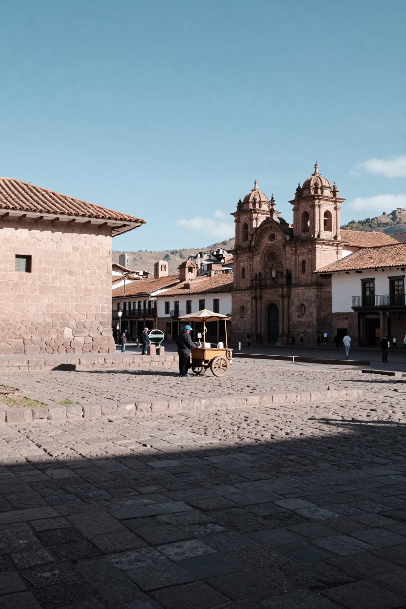 Sunlit Plaza in Cusco Peru with Stone Walls and Local Street Life in in Cusco, Peru