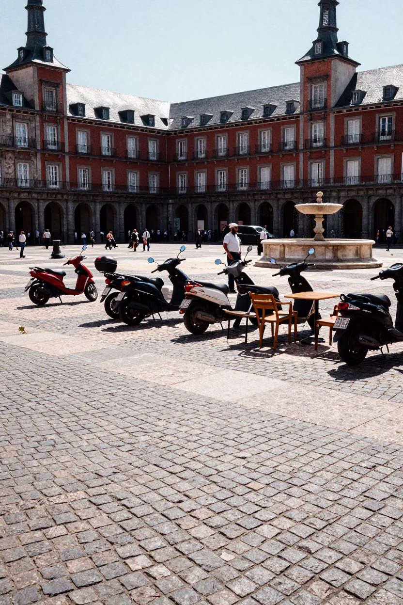 Sunlit Plaza in Madrid Spain Midday Light on Cobblestones and Street Life in in Madrid, Spain