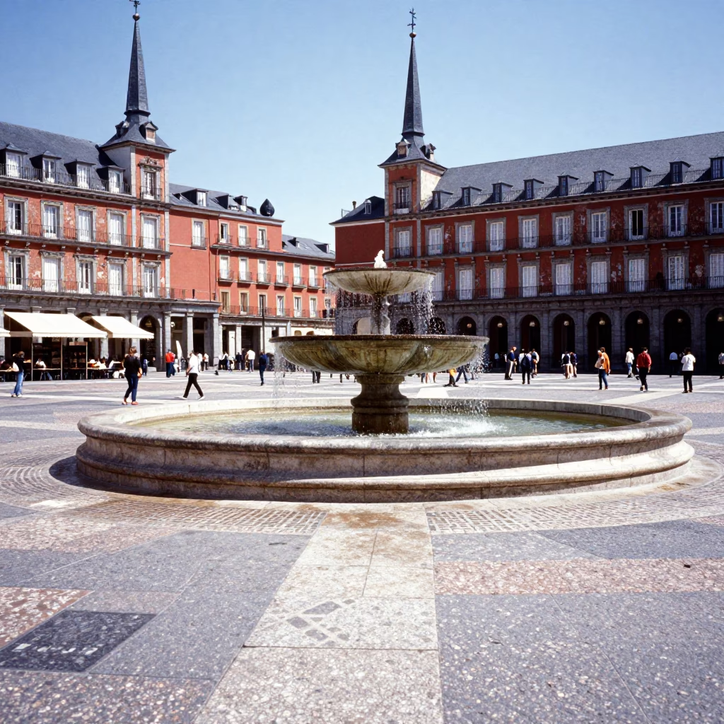 Sunlit Plaza in Madrid Spain with Vintage 1970s Architecture and Local Life in in Madrid, Spain