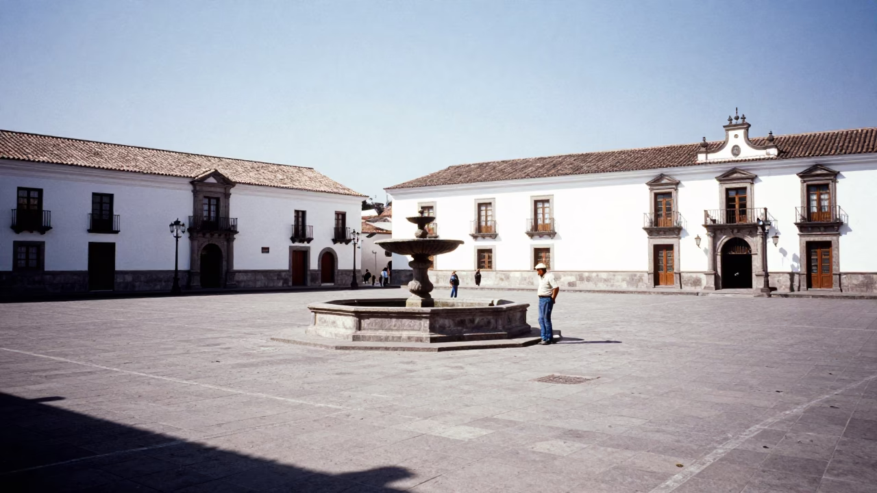 Sunlit Plaza in Quito at The Flat Glare Of Noon Light in in Quito, Ecuador