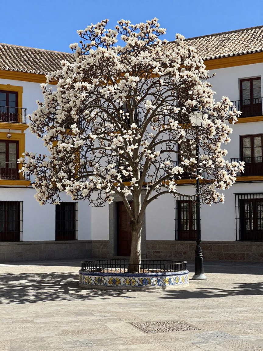 Sunlit Plaza in Seville Spain with Magnolia Tree and Traditional Ceramic Bowls in in Seville, Spain