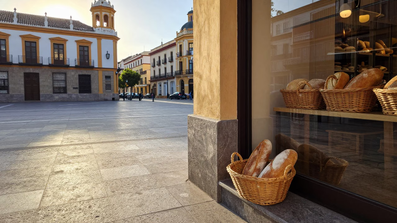 Sunlit Plaza in Valencia Spain with Woven Bread Basket and Morning Street Scene in in Valencia, Spain