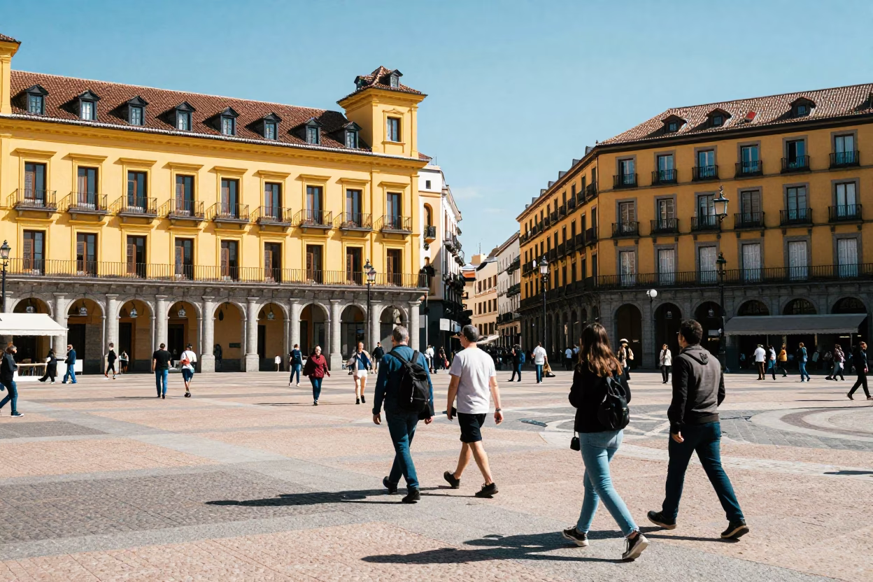 Sunlit Plaza Mayor Madrid Midday Street Scene with Tourists and Architectural Details in in Madrid, Spain