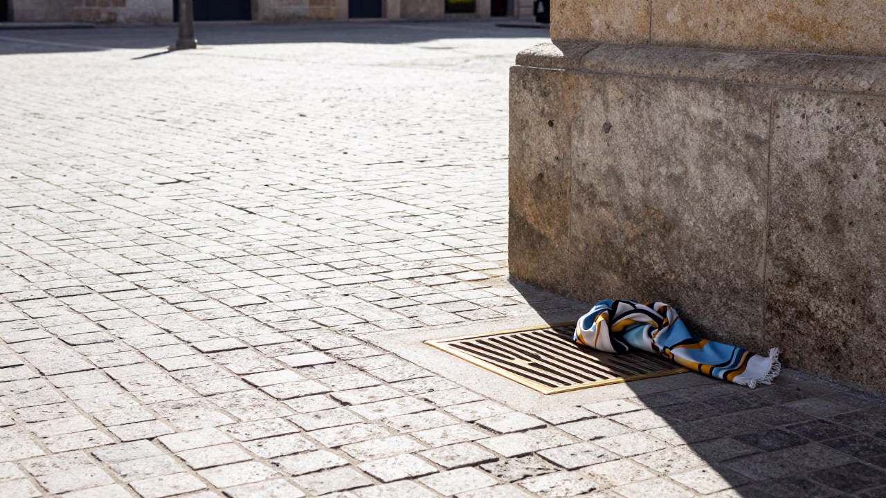 Sunlit Plaza Scene in Bilbao Spain with Brass Drain and Scarf Detail in in Bilbao, Spain