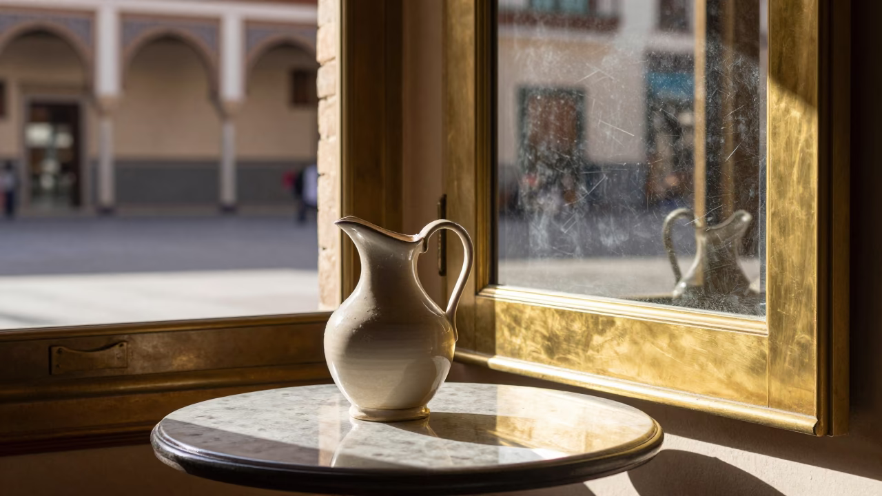 Sunlit Plaza Scene in Granada Spain with Brass Mirror and Window Light Details in in Granada, Spain