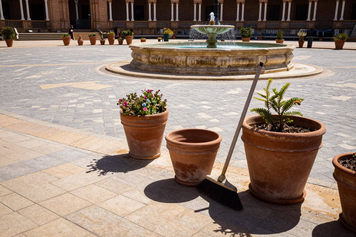 Sunlit Plaza Scene in Seville Spain with Terracotta Pots and Broom at Midday in in Seville, Spain