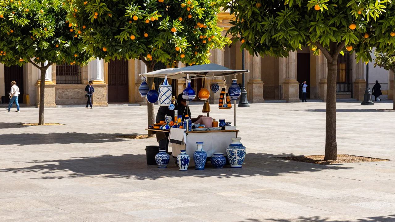 Sunlit Plaza Scene in Valencia Spain with Glazed Ceramic and Natural Light in in Valencia, Spain