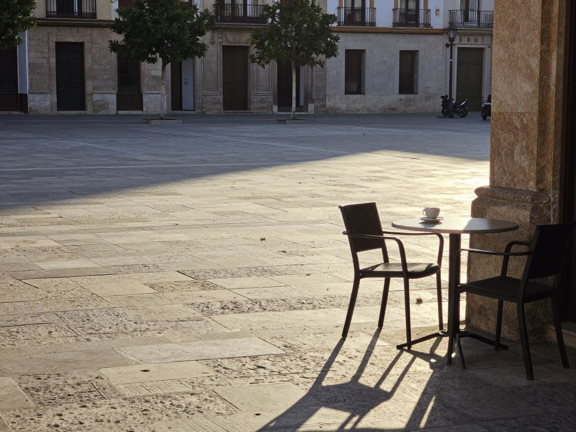 Sunlit Plaza Scene in Valencia Spain with Morning Coffee and Stone Architecture in in Valencia, Spain