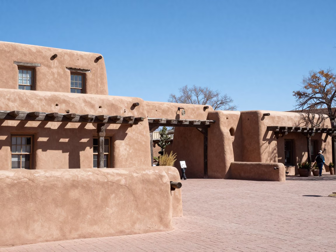 Sunlit Plaza Scene with Adobe Architecture and Local Activity in Santa Fe New Mexico in in Santa Fe, New Mexico, United States