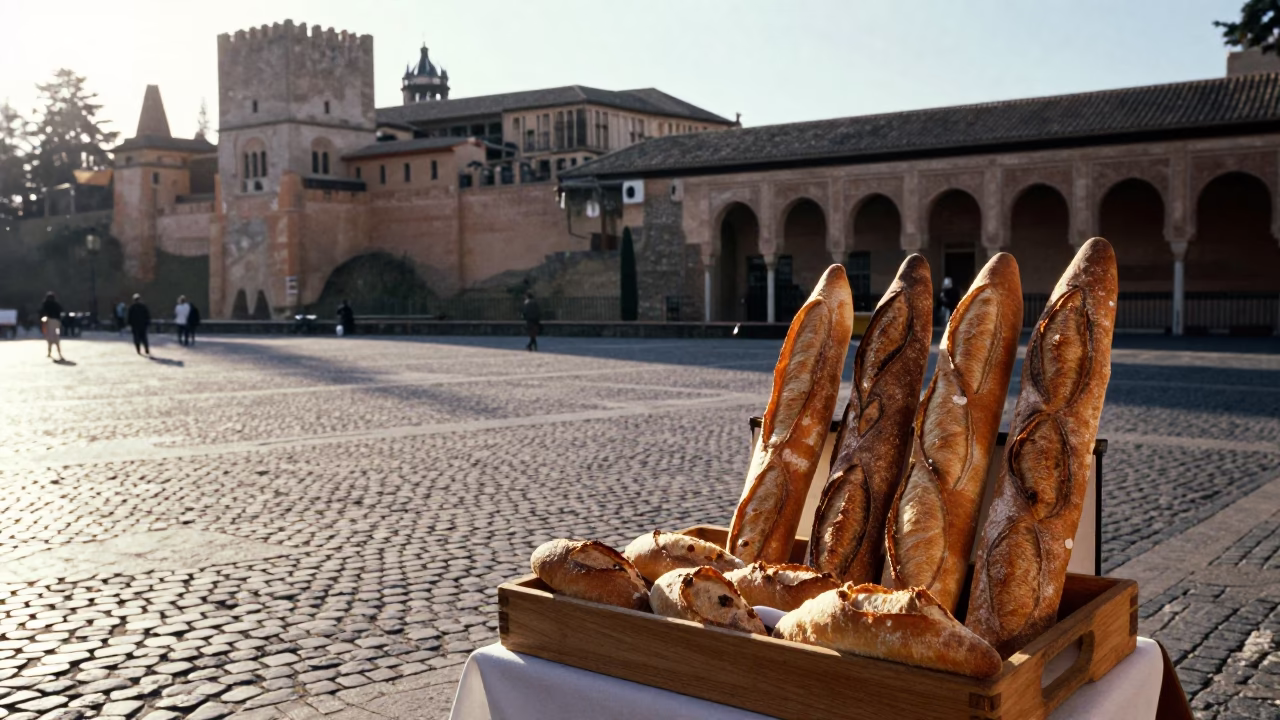 Sunlit Plaza Scene with Baguettes and Pastries in Granada Spain in in Granada, Spain
