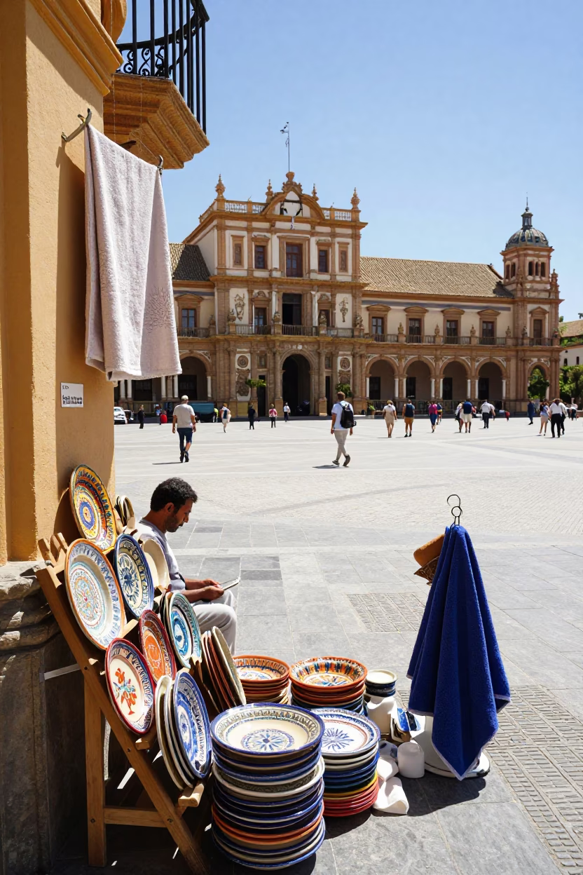 Sunlit Plaza Scene with Ceramic Plate and Towel Hook in Valencia Spain in in Valencia, Spain