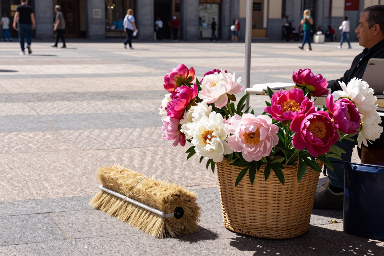 Sunlit Plaza Scene with Peonies and Brush Roll in Madrid in in Madrid, Spain