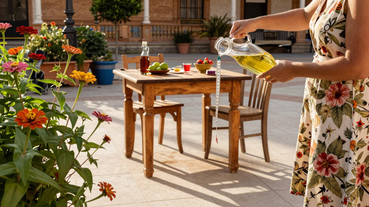 Sunlit Plaza Seville Late Afternoon Zinnias and Vinegar Measuring Cups in in Seville, Spain