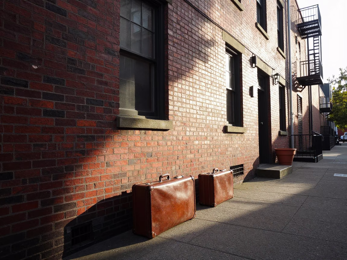 Sunlit Portland Alleyway with Vintage Suitcases and Terracotta Pots in in Portland, Oregon, United States