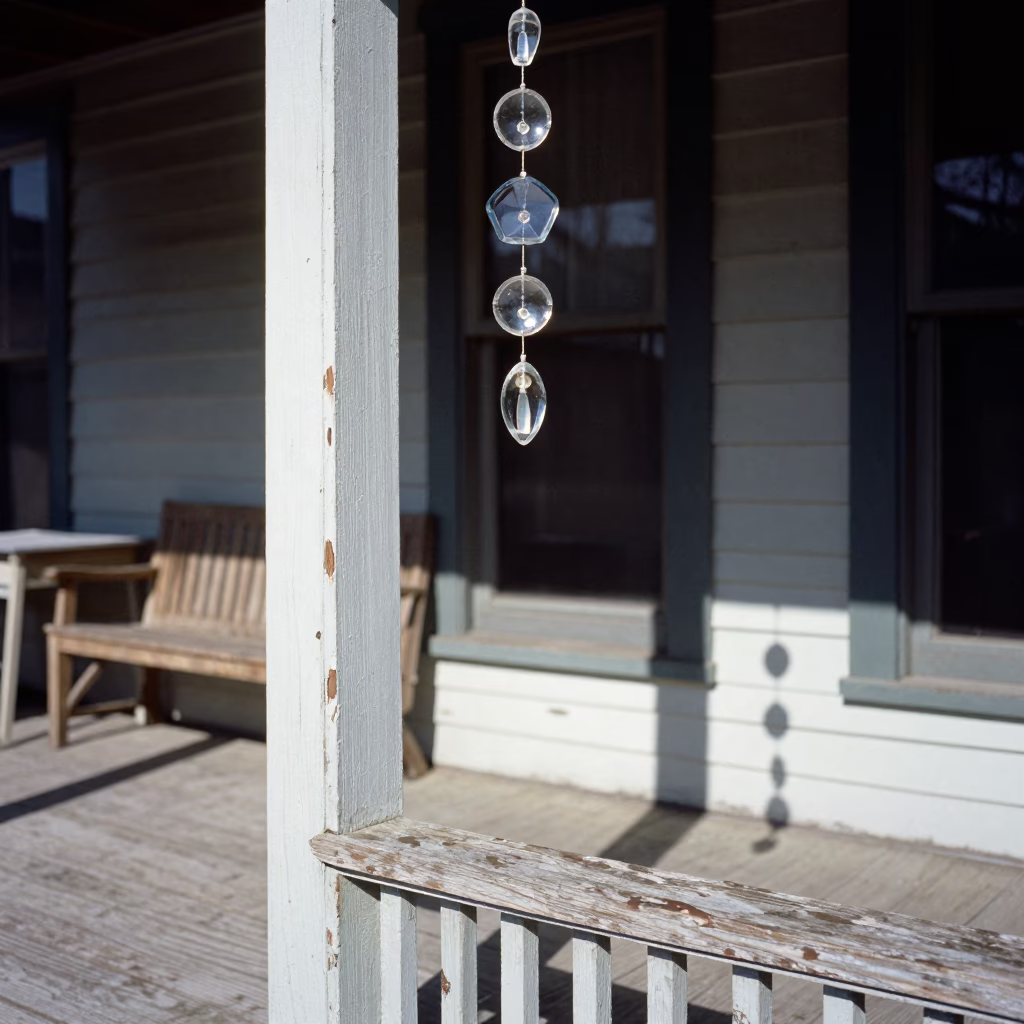 Sunlit Portland Porch Details with Paint Chipping and Glass Light Reflections in in Portland, Oregon, United States