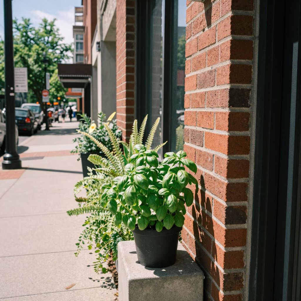 Sunlit Portland Street Scene with Local Greenery and Urban Architecture in in Portland, Oregon, United States