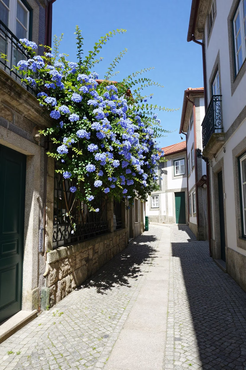 Sunlit Porto Alley with Blue Plumbago Hedge and Stone Architecture at Midday in in Porto, Portugal