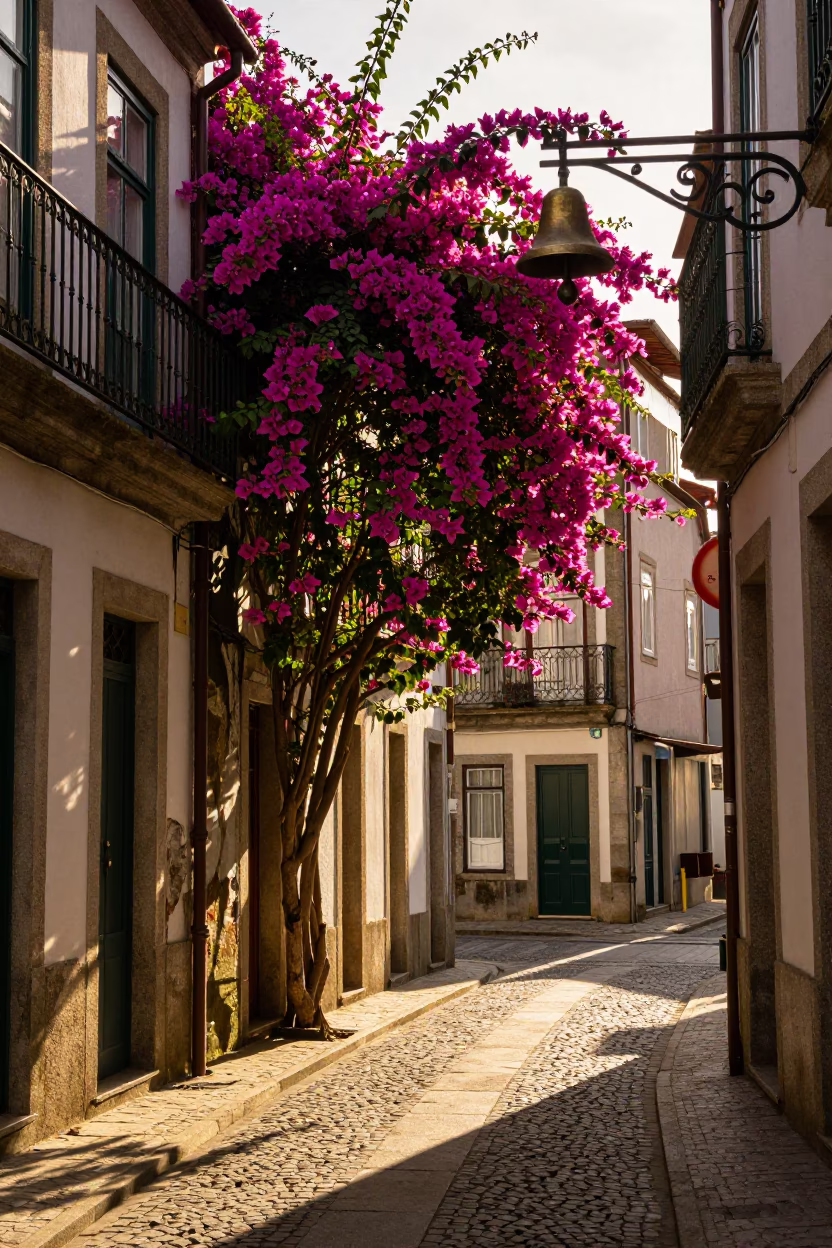 Sunlit Porto Alleyway With Bougainvillea And Brass Bell On Wooden Door in in Porto, Portugal