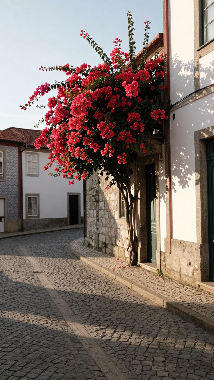 Sunlit Porto Alleyway With Bougainvillea Overhang And Stone Paving in in Porto, Portugal