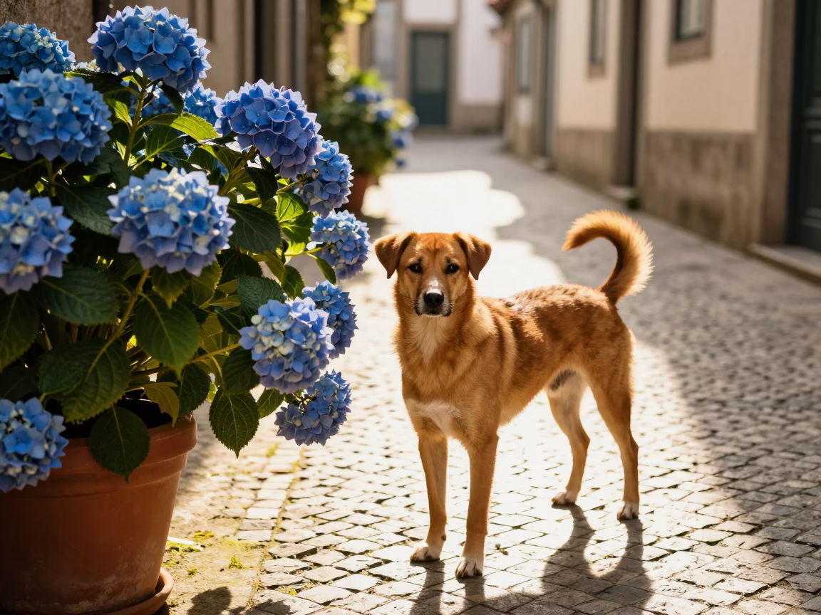 Sunlit Porto Alleyway With Brown Dog And Hydrangeas in in Porto, Portugal