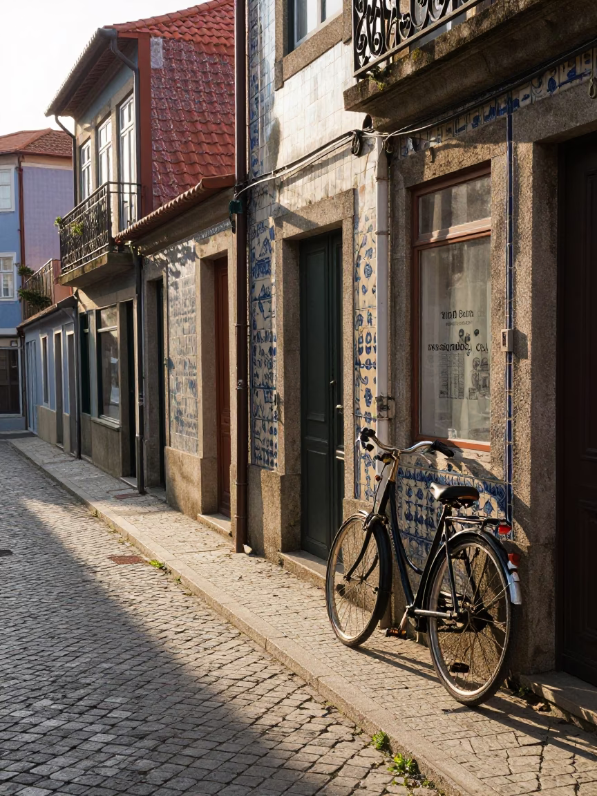 Sunlit Porto Alleyway with Vintage Bicycle and Local Bakery Display in in Porto, Portugal