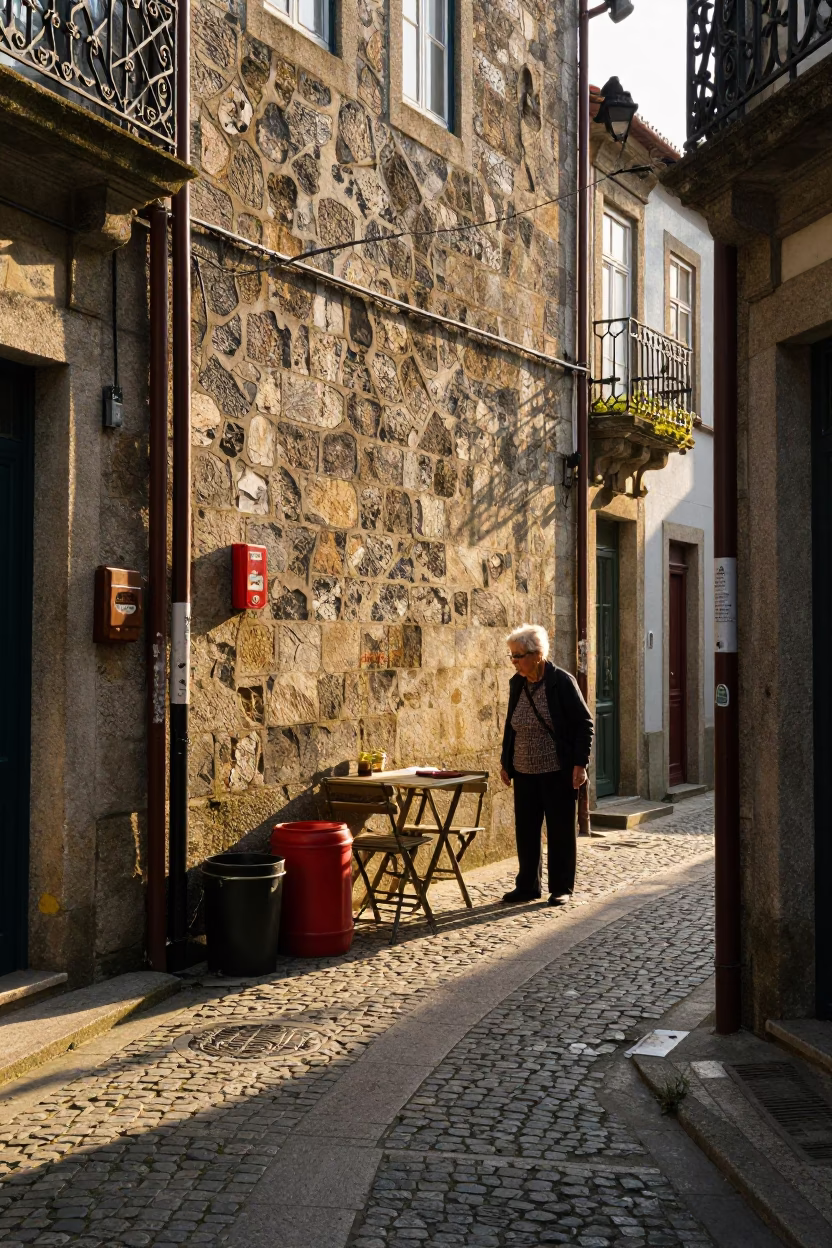 Sunlit Porto Alleyway with Vintage Kitchenware and Stone Walls in in Porto, Portugal