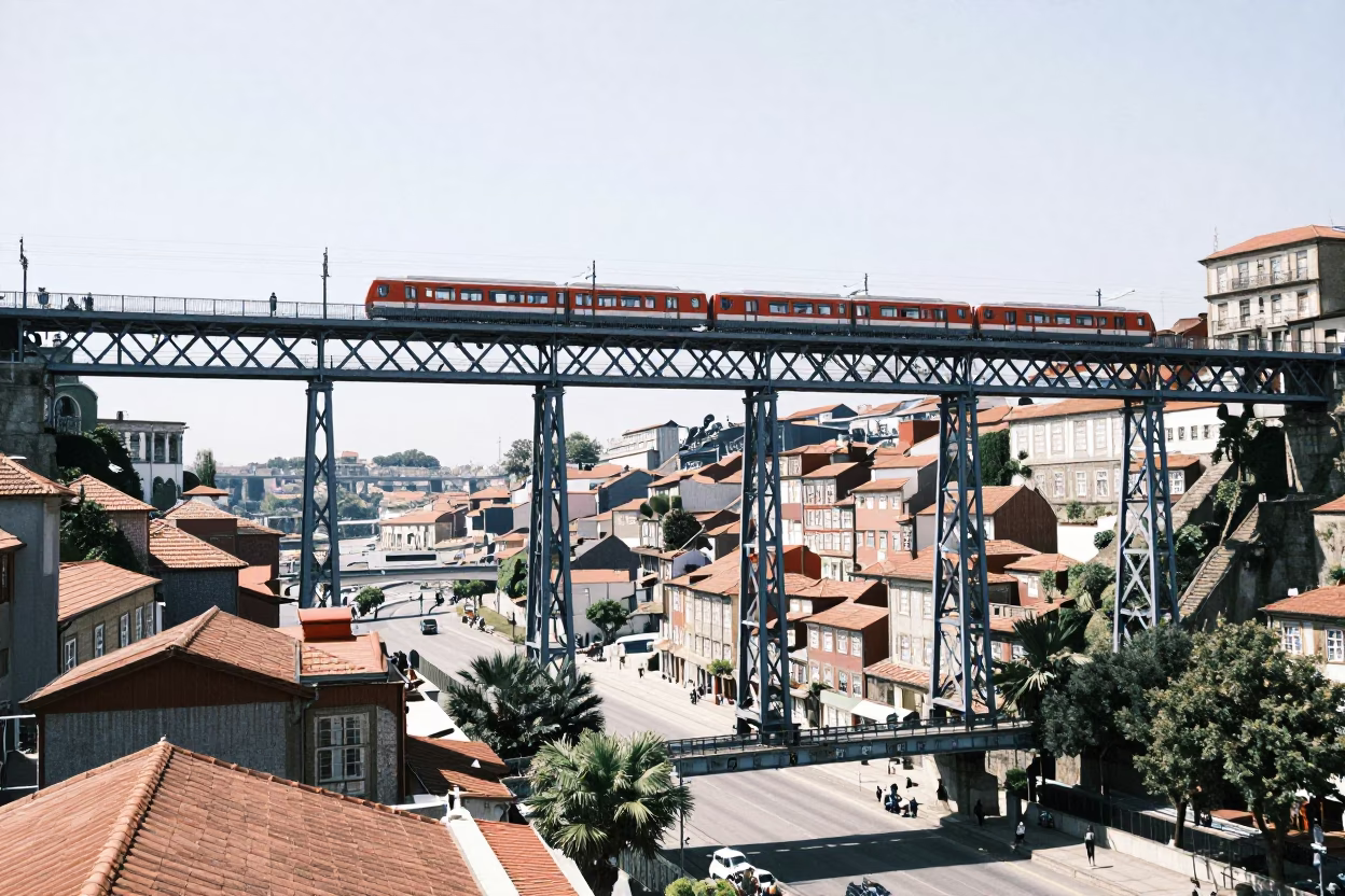 Sunlit Porto Railway Viaduct with Passing Train and Bicycle Basket in Noon Light in in Porto, Portugal