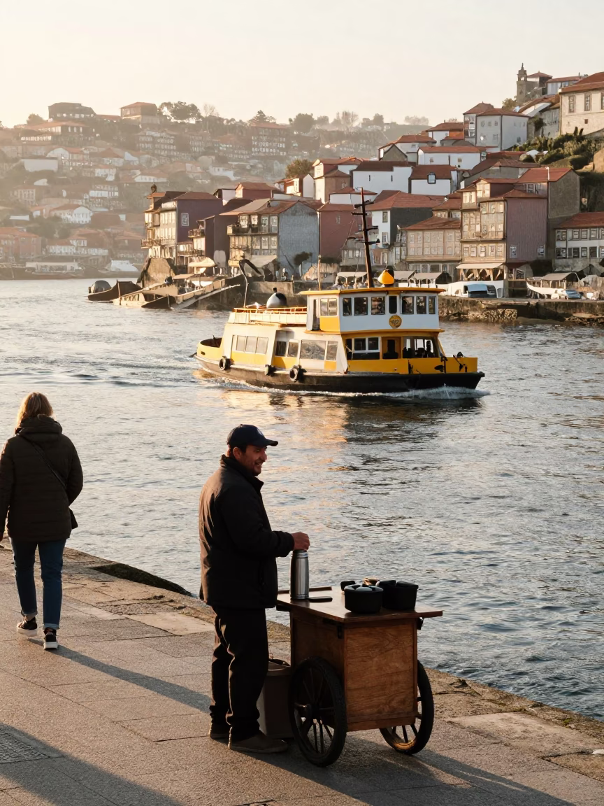 Sunlit Porto Riverfront with Thermos and Ferry at Dawn in in Porto, Portugal