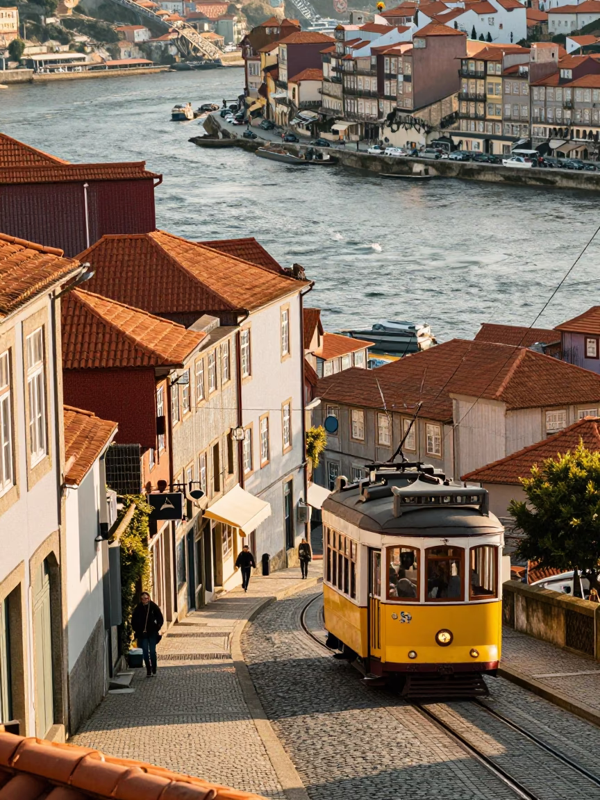 Sunlit Porto Riverfront with Traditional Yellow Tram and Historic Architecture in in Porto, Portugal